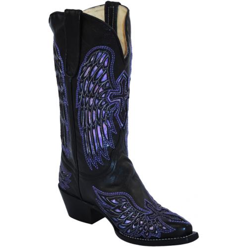 Ferrini Ladies 83061-04 Black / Purple Genuine Leather Cowgirl Boots